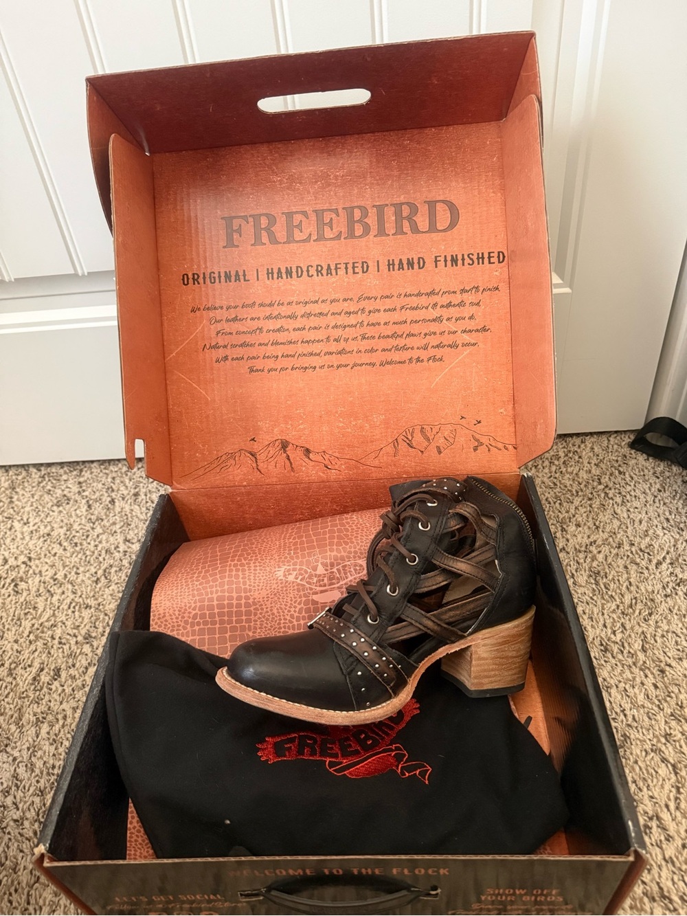 Freebird by Steven Black Leather Lace-Up Heel Boot with Brown Wood Block Heel